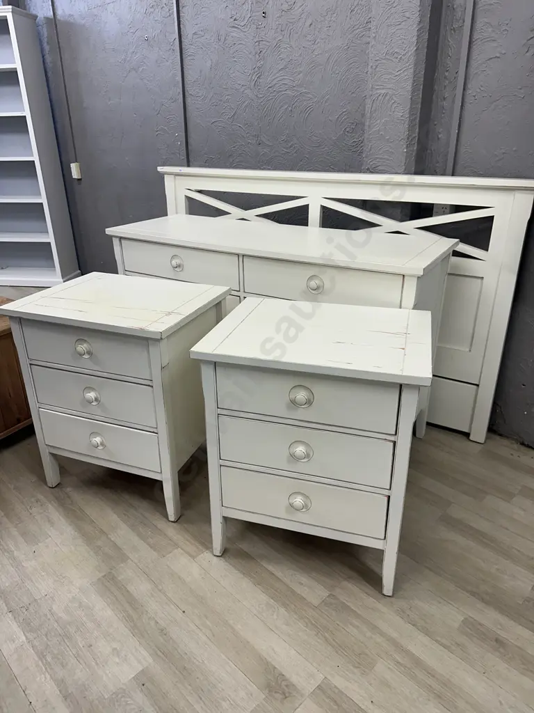 Cream Semi Distressed Effect Bedroom Suite, 8 Drawer Lowboy, Pair of 3 Drawer Bedsides And 111 x 180cm Headboard Image 1++